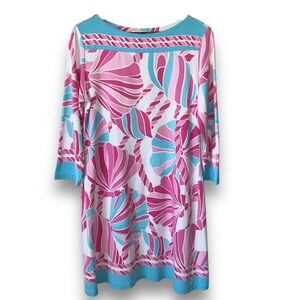 Barbara Gerwit XL Dress Pink Blue Floral 3/4 Sleeve Cotton Blend Coastal Beach‎